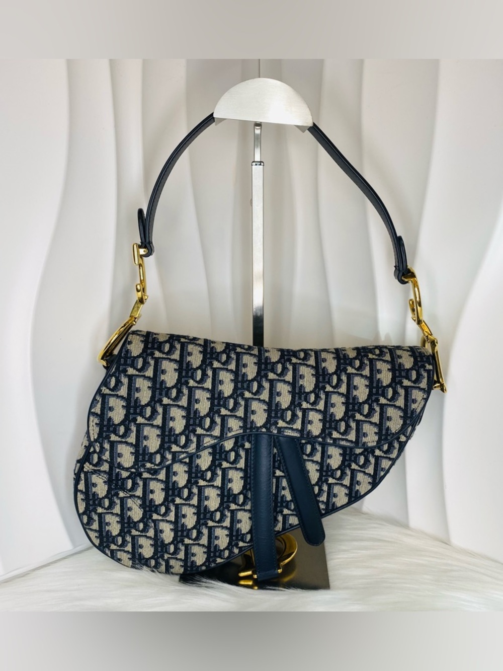 Dior Navy/Beige Saddle Shoulder Bag with Gold Hardware